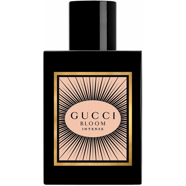 Gucci Bloom Intense Eau de Parfum 50 ml blommig parfym i svart rektangulär glasflaska med rosa etikett och guldram
