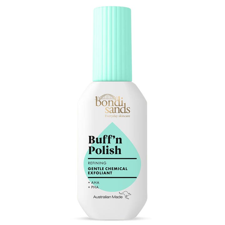 Bondi Sands Buff’n Polish exfolierande ansiktspeeling med AHA och PHA i vit flaska med turkos kork.