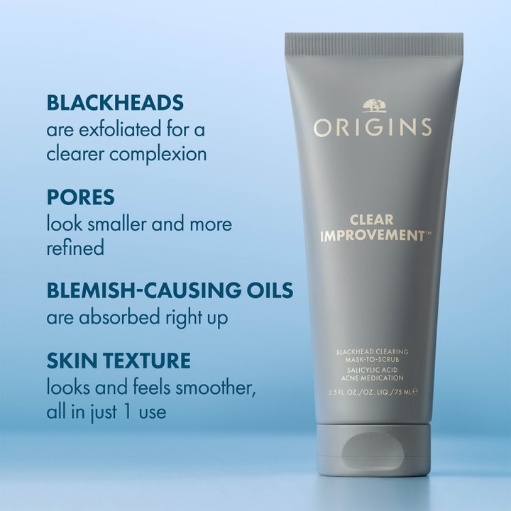 Origins Clear Improvement Mask-To-Scrub 75 ml är en 2-i-1 ansiktsmask och skrubb med salicylsyra mot pormaskar i en grå tub.