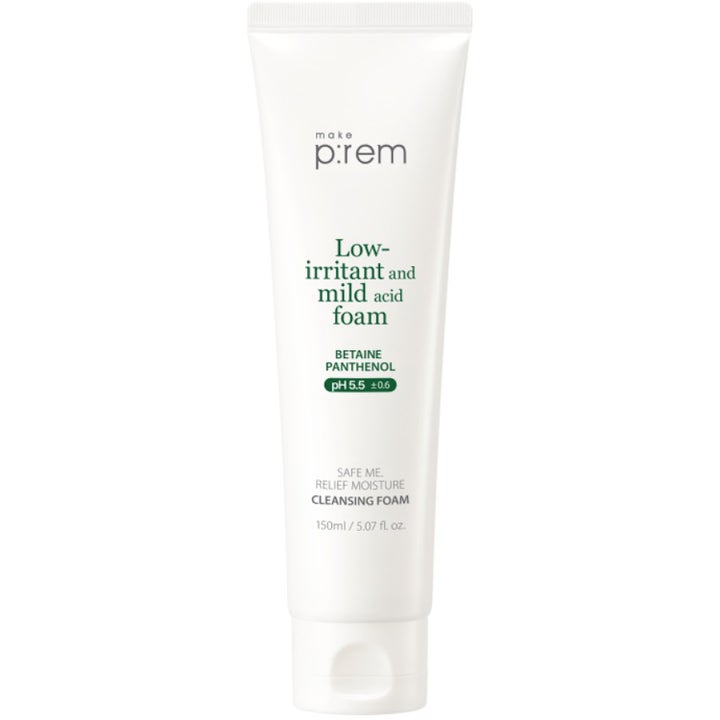 Make P:rem Safe Me Relief Moisture Cleansing Foam 150 ml lugnande ansiktsrengöring i vit plasttub med grön text