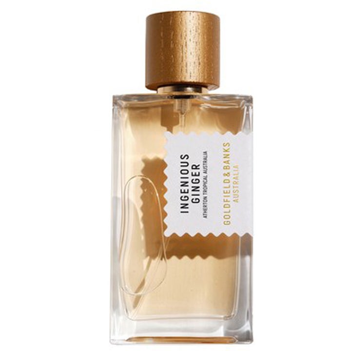 Goldfield & Banks Ingenious Ginger 100ml parfym i en stilren glasflaska med bärnstensfärgad vätska och träkork