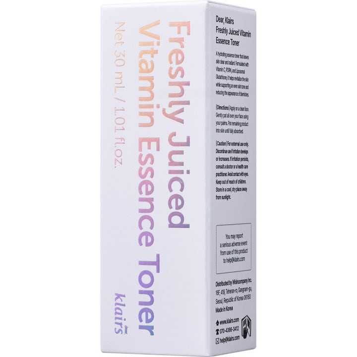 Klairs Freshly Juiced Vitamin Essence Toner 30 ml lystergivande toner i vit ytterbox med holografisk text.