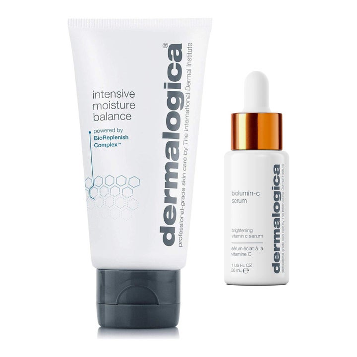 Dermalogica Intensive Moisture Balance och Biolumin-C Serum i vit tub och flaska för en daglig återfuktande hudvårdsrutin.