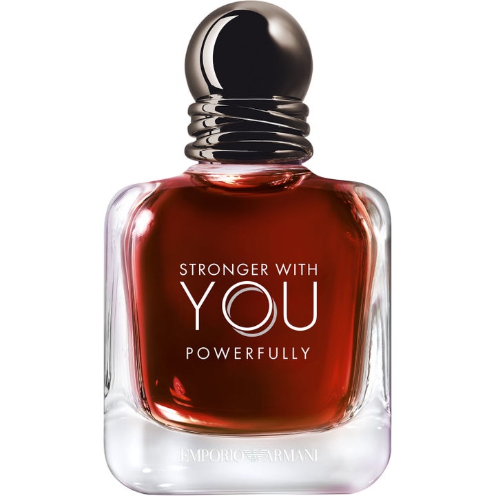 Armani Stronger With You Powerfully 50ml herrparfym med intensiv rödbrun vätska i glasflaska med mörkt runt lock