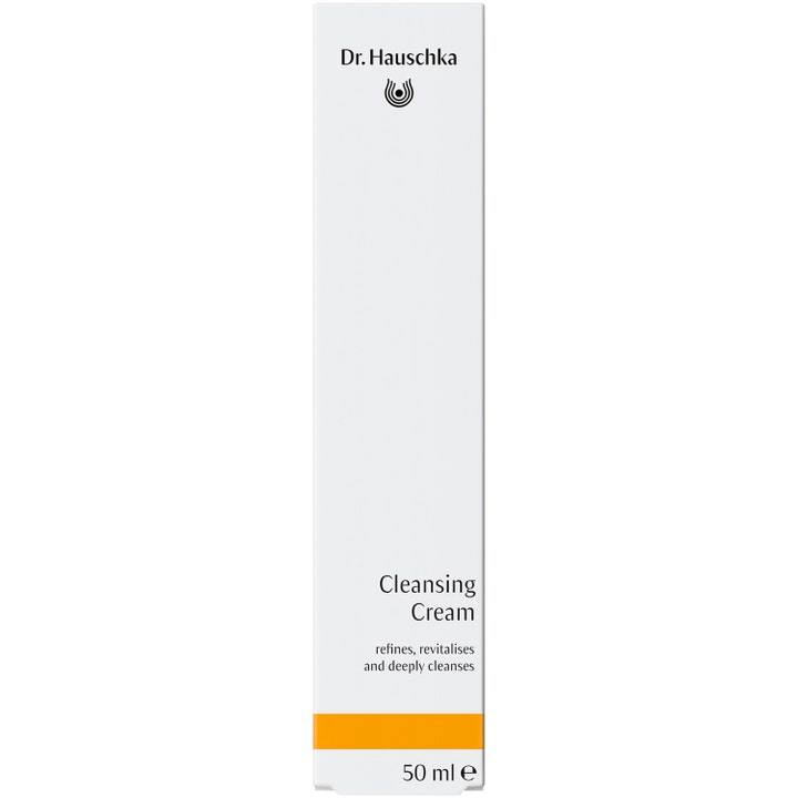 Dr. Hauschka Cleansing Cream 50 ml ekologisk mild ansiktsrengöring i vit ytterkartong med orange band.