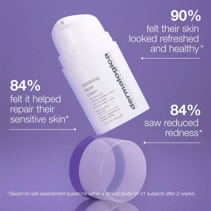 Dermalogica Stabilizing Repair Cream 100 ml lugnande dagkräm i vit pumpflaska med lila kork och text om minskad rodnad.