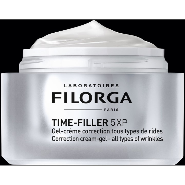 Filorga Time-Filler 5 XP 50 ml antiåldrande ansiktsbehandling i silverburk med krämig vit geltextur