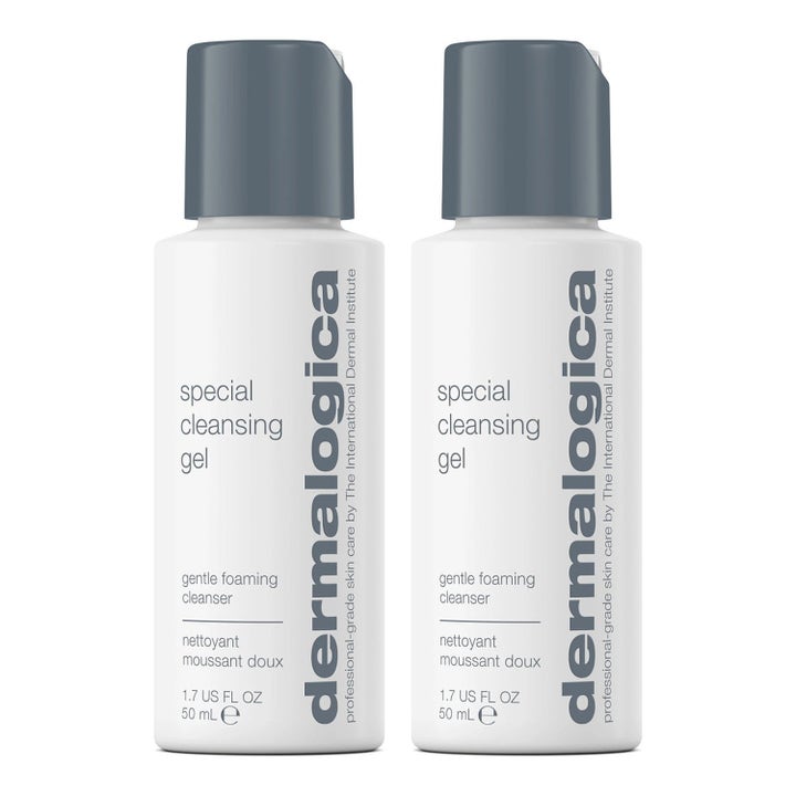 Dermalogica Special Cleansing Gel 50 ml löddrande ansiktsrengöring i två vita plastflaskor med grå lock.