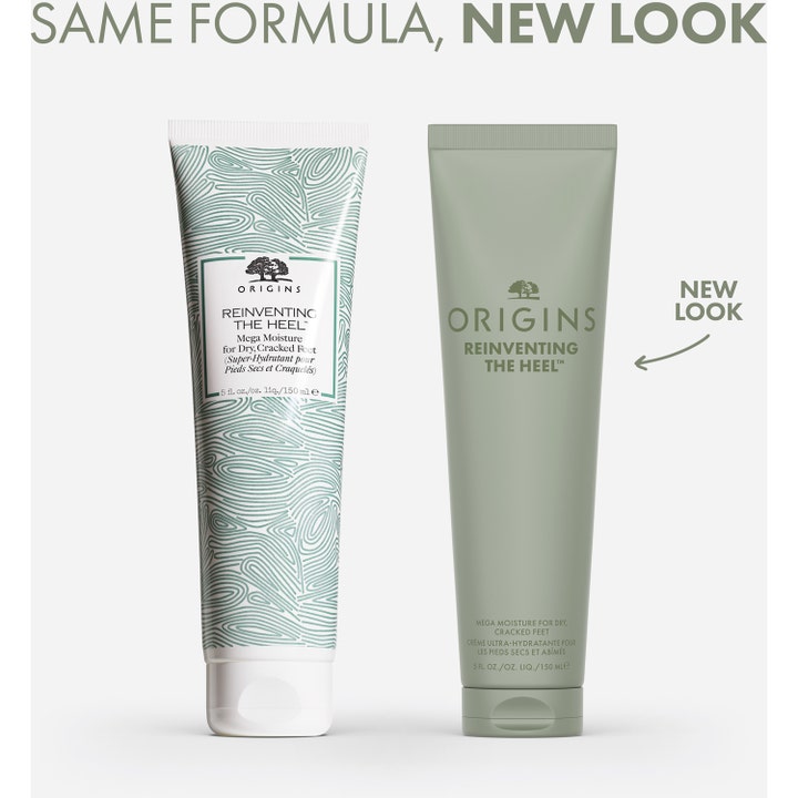 Origins Reinventing The Heel 150 ml fotkräm för torra fötter i ny grön tub bredvid den tidigare vita designen.