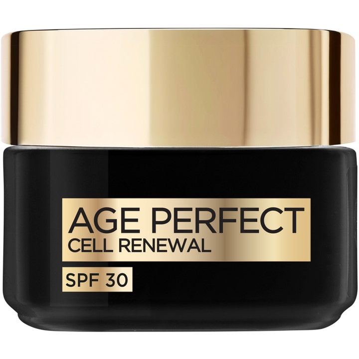 L'Oréal Paris Age Perfect Cell Renewal SPF30 50 ml dagkräm i en elegant svart glasburk med guldfärgat lock.
