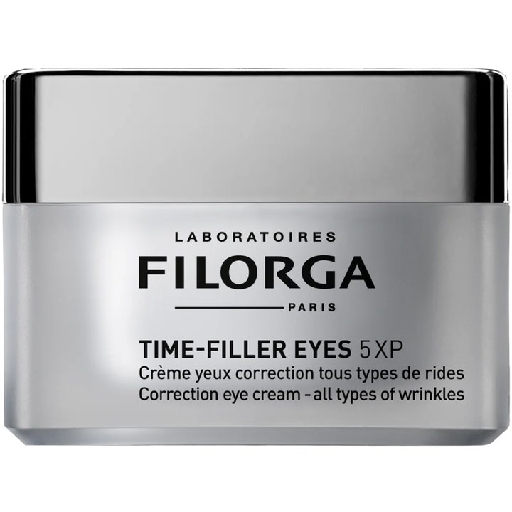 Filorga Time-Filler Eyes 5XP 15 ml korrigerande ögonkräm i silvrig glasburk som reducerar rynkor.