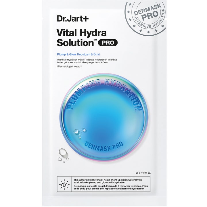 Dr. Jart+ Vital Hydra Solution PRO 26 g dermask pro återfuktande sheet mask i vit förpackning med blå cirkelgrafik