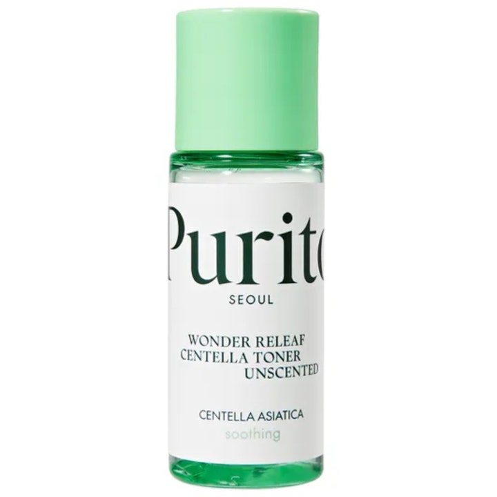 Purito Wonder Releaf Centella Toner Unscented lugnande ansiktsvatten i genomskinlig flaska med ljusgrönt lock