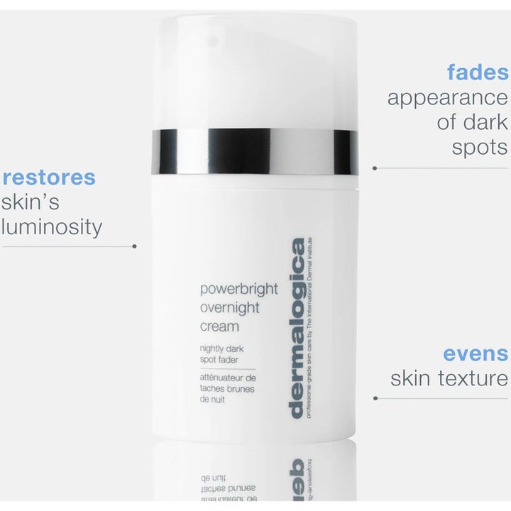 Dermalogica Powerbright Overnight Cream Duo nattkräm mot pigmentfläckar i vit pumpflaska med silverband och lock.