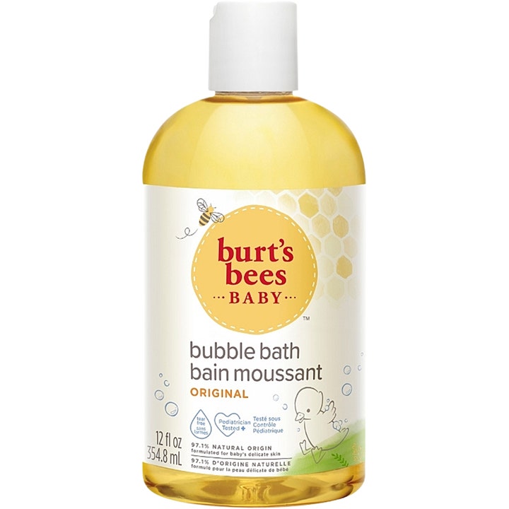 Burt's Bees Baby Bubble Bath 354,8 ml naturligt bubbelbad baby i genomskinlig flaska med gul vätska och vit kork.