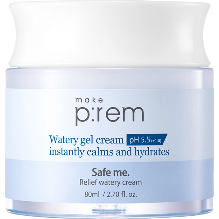 Make Prem Safe me Relief Watery Cream 80 ml lugnande gel dagkräm i ljusblå plastburk med vitt lock som ger fukt