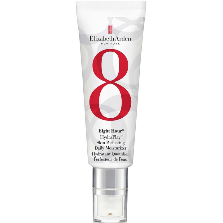 Elizabeth Arden Eight Hour HydraPlay 45ml fuktbevarande dagkräm i vit plasttub med röd åtta och pumpkork