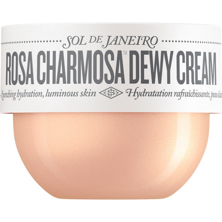 Sol de Janeiro Rosa Charmosa Dewy Cream återfuktande ansiktskräm i skimrande persikorosa burk med vitt lock