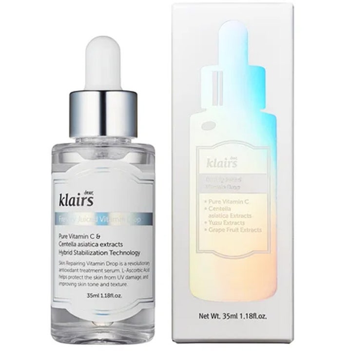 Klairs Freshly Juiced Vitamin Drop 35 ml lystergivande c-vitamin serum i glasflaska bredvid sin vita ytterförpackning
