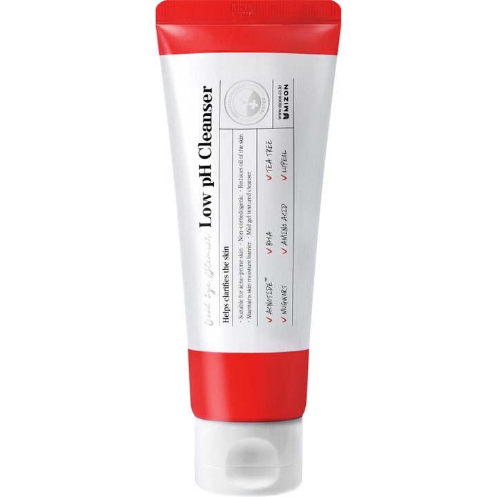 Mizon Good Bye Blemish Low pH Cleanser akne rengöring med tea tree i en vit och röd plasttub som ger klarare hy