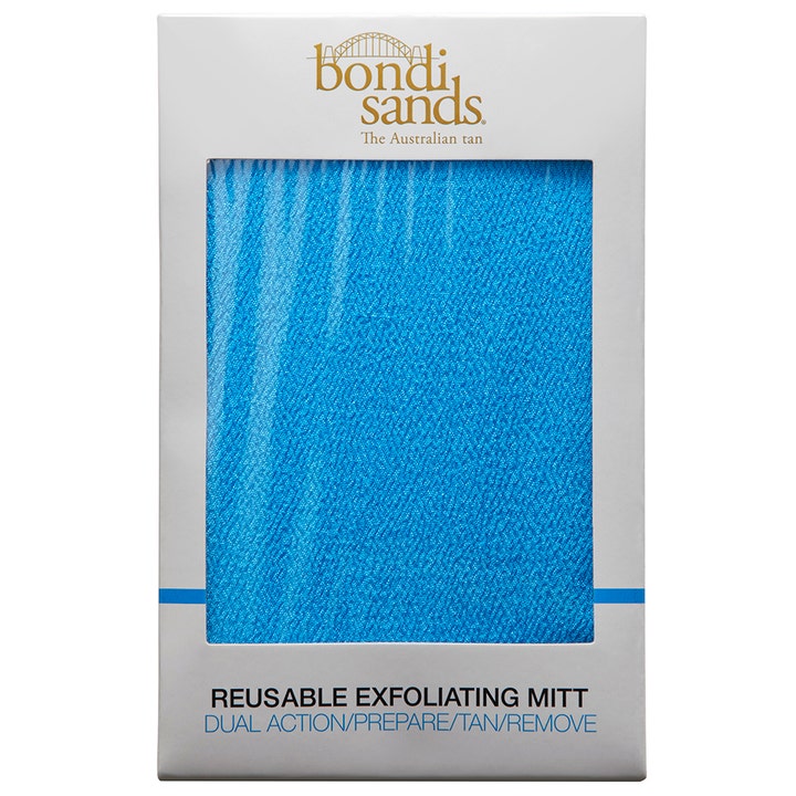 Bondi Sands Reusable Exfoliating Mitt 1 st blå exfolieringshandske för brun utan sol i vit kartong med fönster