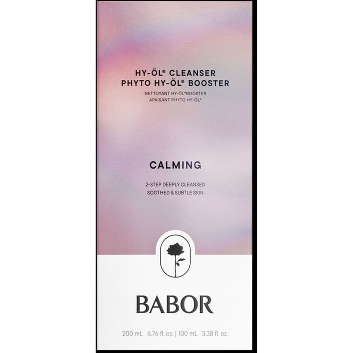 Babor HY-ÖL Cleanser Phyto HY-ÖL Booster 200+100 ml lugnande rengöring i en rosa och lila box med en svart ros