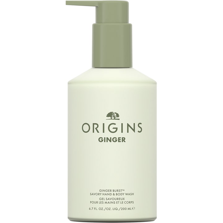 Origins Ginger Burst Savory Hand & Body Wash 200 ml uppiggande kroppstvål i ljusgrön flaska med Origins handtvål pump