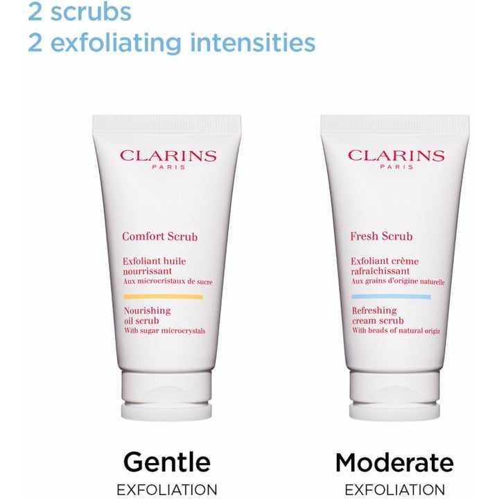 Clarins Fresh Scrub 50 ml ansiktsskrubb i vita tuber som visar olika intensiteter för mild och måttlig exfoliering.