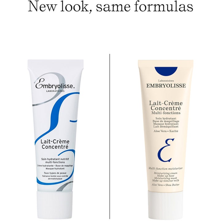 Embryolisse Lait Creme Concentre 30 ml återfuktande dagkräm visar gammal och ny tubdesign sida vid sida.
