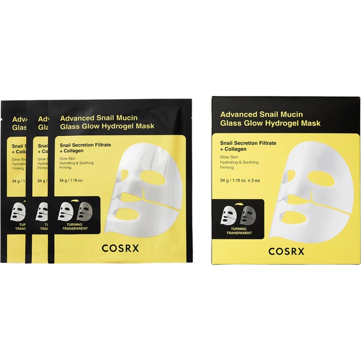 COSRX Advanced Snail Mucin Glass Glow Hydrogel Mask 3-pack arkmasker i gul och svart förpackning.