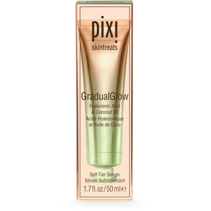 Pixi GradualGlow Self Tan Serum 50 ml återfuktande brun utan sol i persikofärgad ask med hyaluronsyra