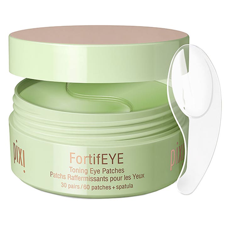 Pixi FortifEYE Toning Eye Patches 60 st uppstramande hydrogel ögonmask i ljusgrön burk med synliga pads och spatel