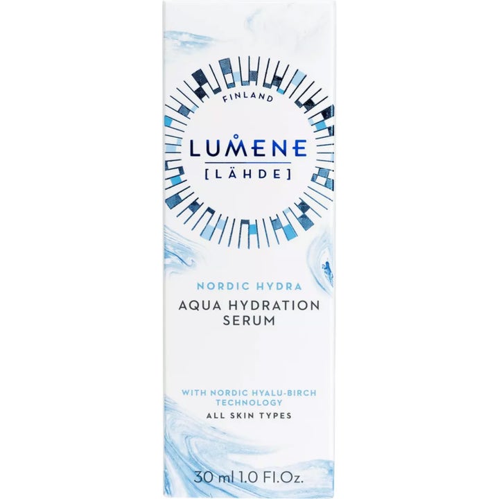 Lumene Nordic Hydra Aqua Hydration Dew Serum 30 ml återfuktande serum i vit ytterförpackning med blått vattenmönster