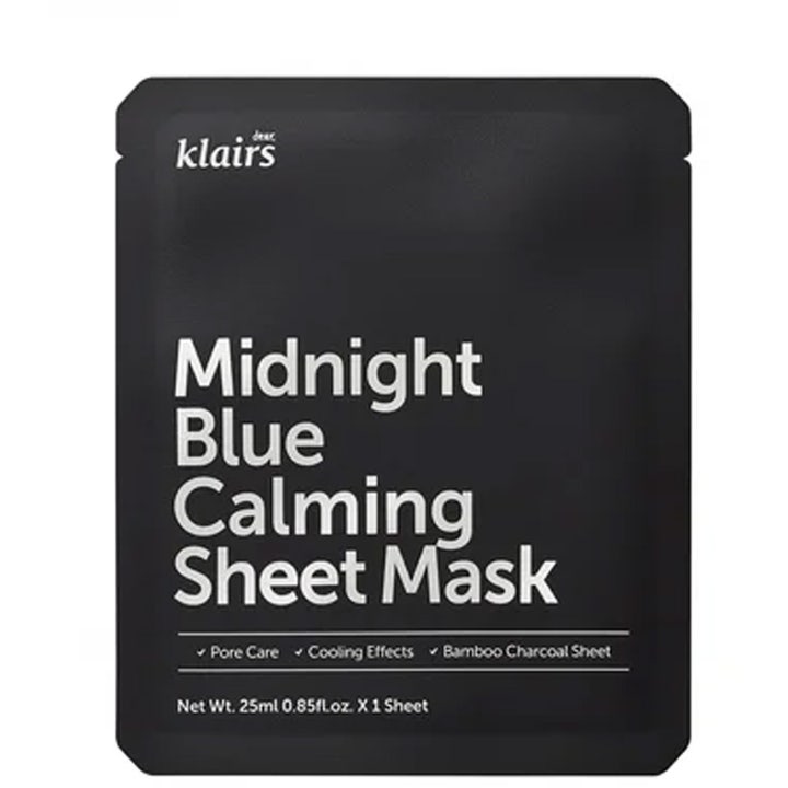 Dear Klairs Midnight Blue Calming Sheet Mask 25 ml ansiktsmask för porer som ger cooling effekt i svart förpackning.