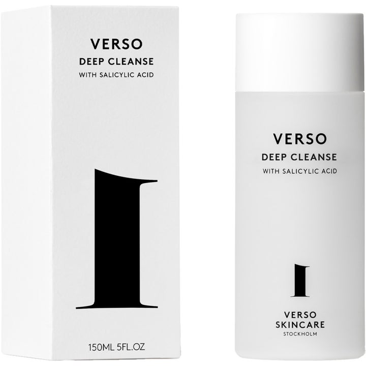 Verso N°1 Deep Cleanse 150 ml ansiktsrengöring med salicylsyra i vit flaska och ytterkartong