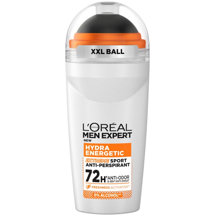 L'Oréal Men Expert Hydra Energetic Extreme Sport antiperspirant 50 ml i vit flaska med stor svart roll-on-kula.