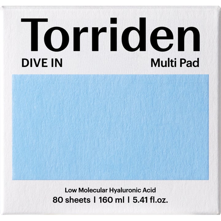Torriden DIVE-IN Multi Pad 160 ml återfuktande toner i vit ytterförpackning med en ljusblå rektangel