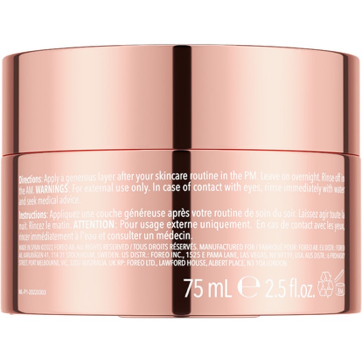 FOREO SUPERCHARGED Ultra-Hydrating Sleeping Mask 75 ml återfuktande nattmask i en burk av roséguld sett bakifrån.