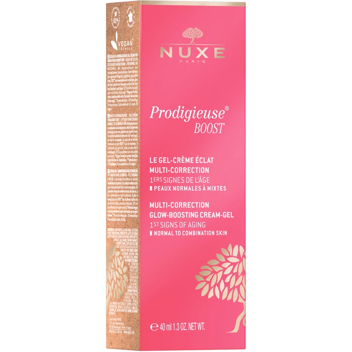 Nuxe Créme Prodigieuse Boost Gel Cream 40 ml lystergivande Nuxe gelkräm i rosa förpackning mot första ålderstecken