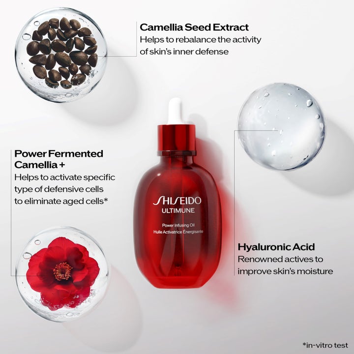 Shiseido Ultimune Power Infusing Oil 75 ml ansiktsolja i röd glasflaska med kamelia och fuktgivande hyaluronsyra.