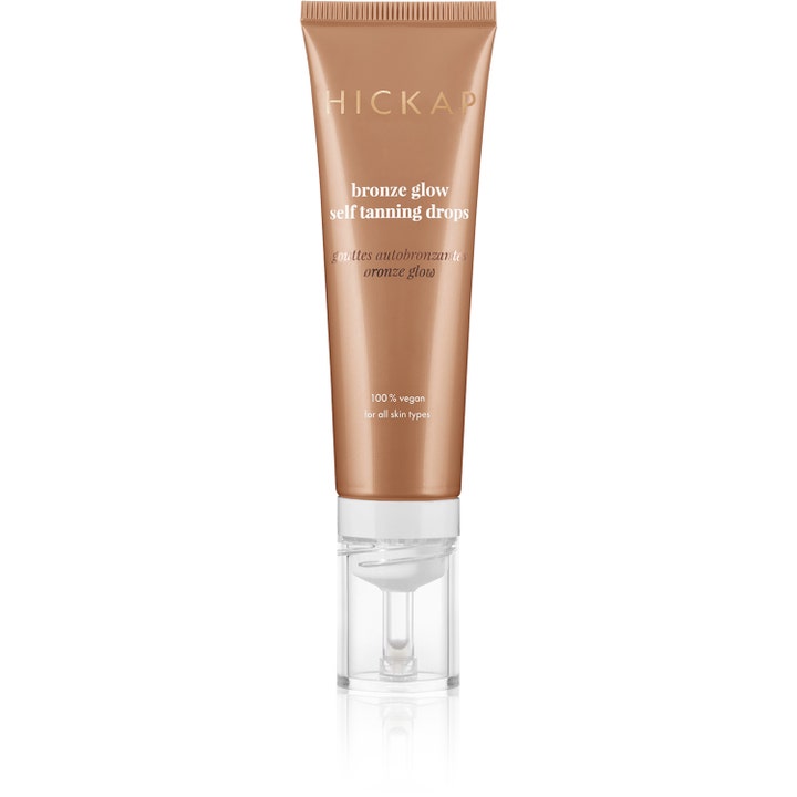 Hickap Bronze Glow Self Tanning Drops 30 ml ger lyster som ansikts brun utan sol droppar i bronsfärgad tub.