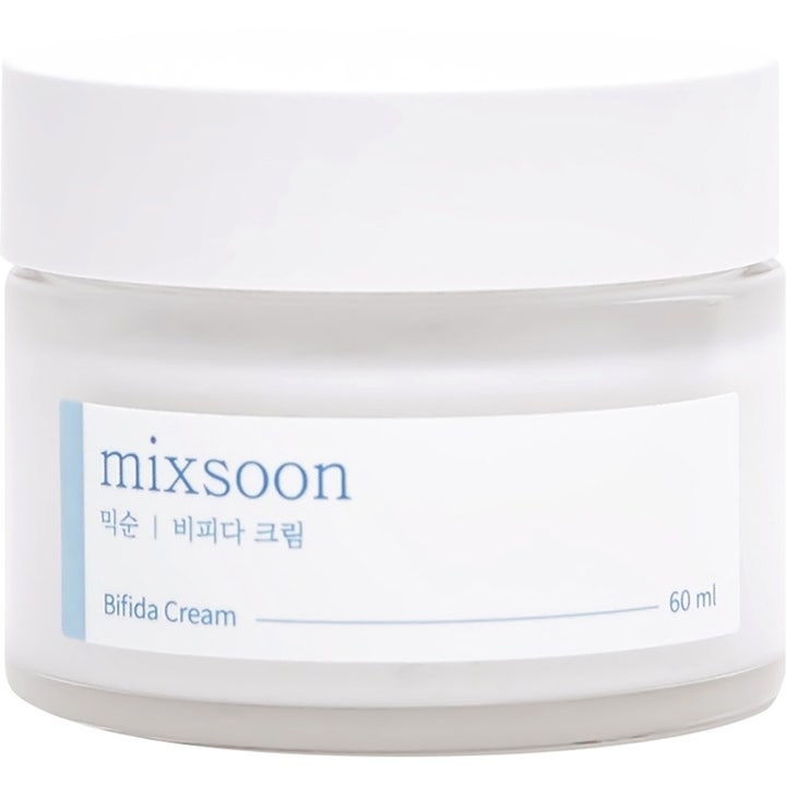 Mixsoon Bifida Cream 60 ml probiotisk återfuktande ansiktskräm för hudföryngring K-beauty i glasburk med vitt lock.