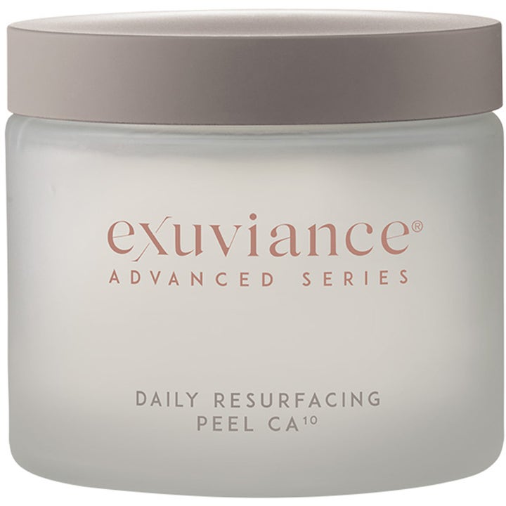 Exuviance Daily Resurfacing Peel CA 10 exfolierande pads i frostad glasburk med grått lock som ger jämnare hudyta