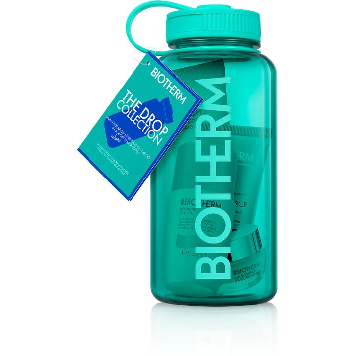 Biotherm Aqua Drop Set med återfuktande kroppsvård i en turkos vattenflaska från The Drop Collection