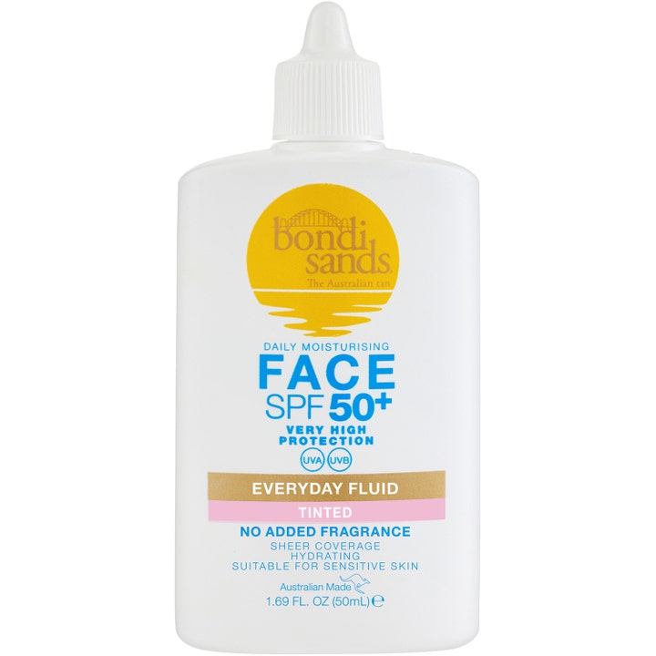 Bondi Sands Tinted Face Fluid 50ml återfuktande tinted solkräm ansikte i vit plastflaska med spetsig kork och gul logotyp.