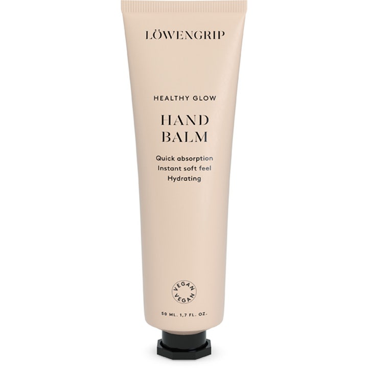 Löwengrip Healthy Glow Hand Balm 50 ml mjukgörande återfuktande handkräm i en beige tub med svart lock.