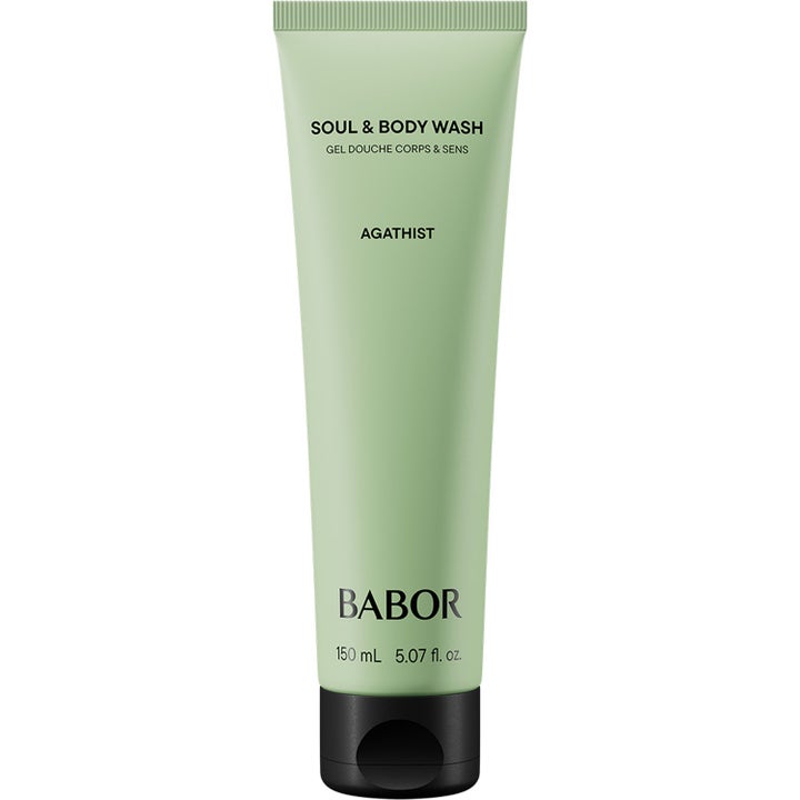 Babor Soul & Body Wash Agathist 150 ml rengörande kroppstvål i en ljust salviagrön tub med svart lock.