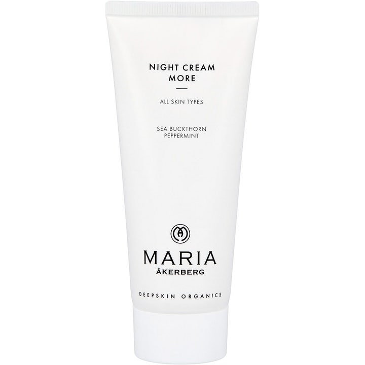 Maria Åkerberg Night Cream More 100 ml återfuktande nattkräm i vit plasttub med havtorn och pepparmynta.