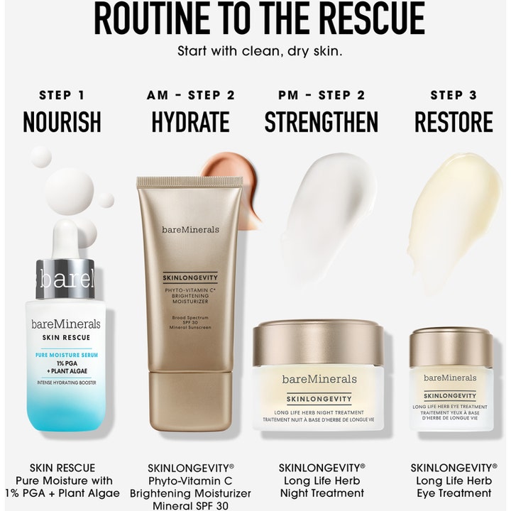 bareMinerals Skin Rescue Pure Moisture Serum 30 ml återfuktande serum i en infografik för en komplett hudvårdsrutin