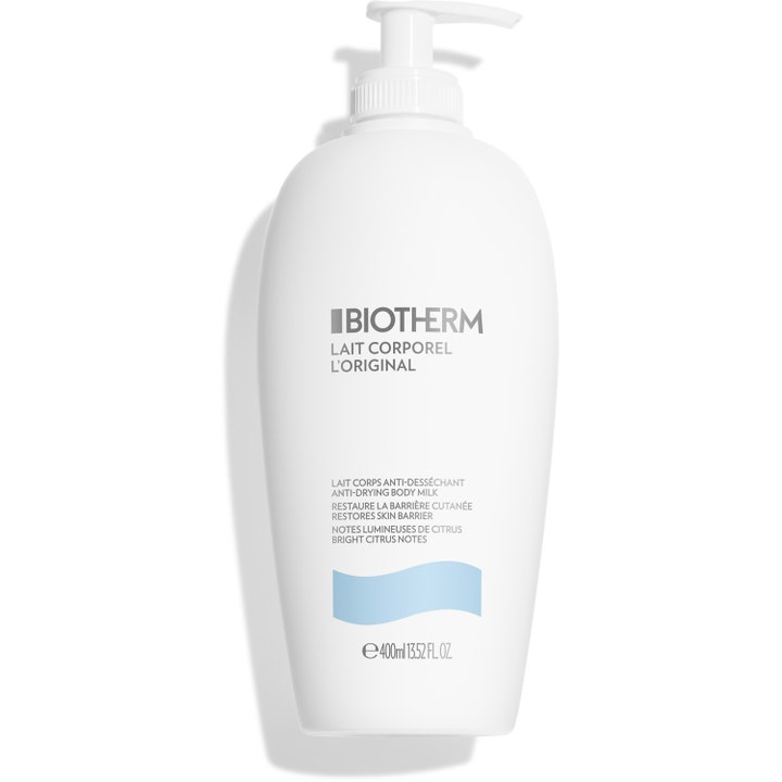Biotherm Lait Corporel Original 400 ml anti-uttorkande kroppsmjölk som ger len hud i vit plastflaska med pump.
